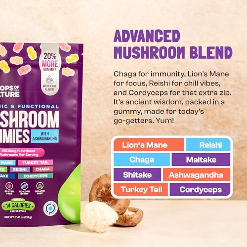 Bag of functional mushroom gummies with various types listed, including Chaga and Lion's Mane.