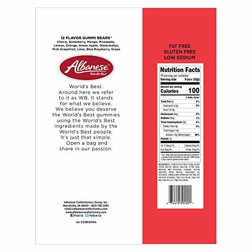 Albanese Gummi Bears packaging with nutrition facts and flavor list.