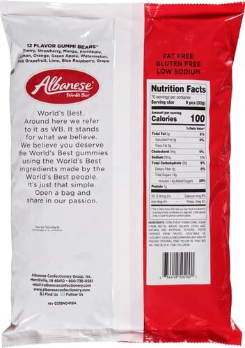 Back of Albanese Gummi Bears package showing nutrition facts and ingredients.