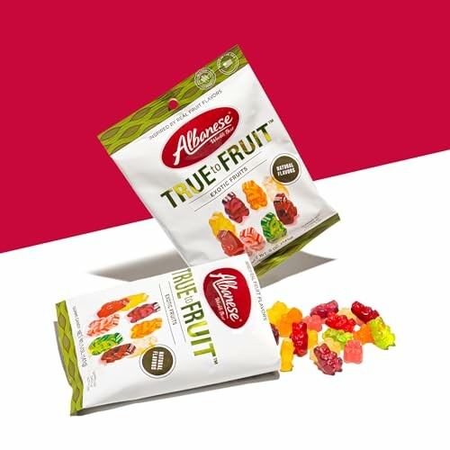 Albanese True to Fruit gummy bears packaging with scattered gummies.