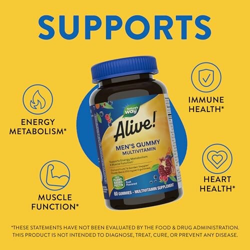 Alive men's gummy multivitamin supports energy metabolism, muscle function, immune and heart health.