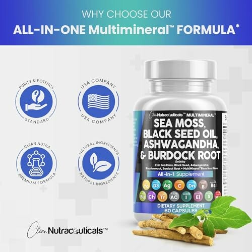 Multimineral supplement with sea moss, black seed oil, ashwagandha, and burdock root.