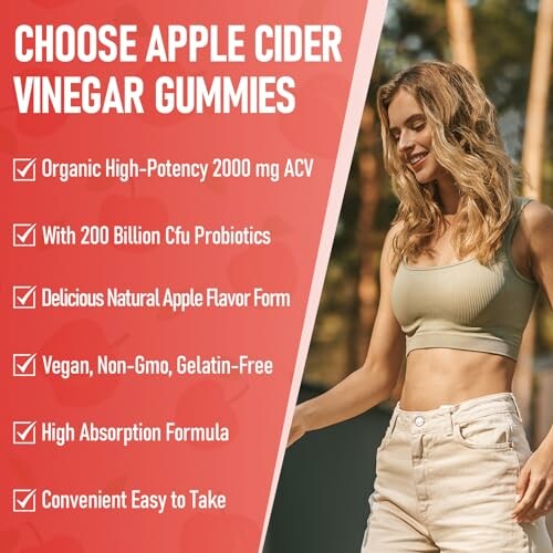 Benefits of apple cider vinegar gummies listed beside a smiling woman.