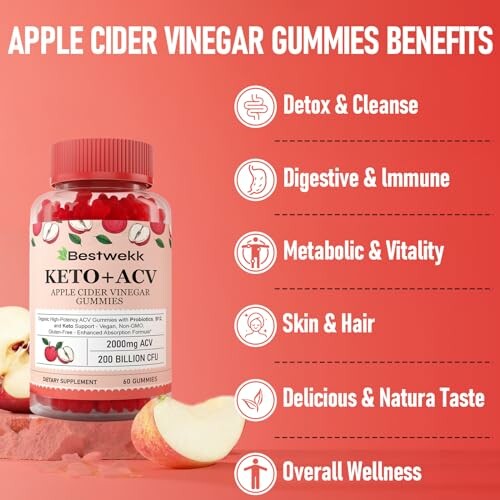 Apple cider vinegar gummies benefits, including detox, digestive support, metabolic boost, skin health, taste, and wellness.