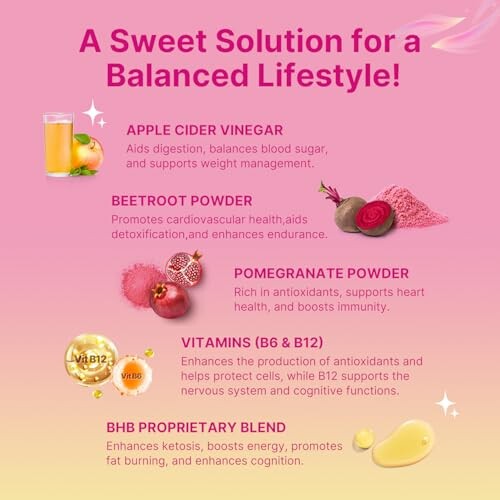 Infographic of supplements for a balanced lifestyle: apple cider vinegar, beetroot powder, pomegranate powder, vitamins B6 & B12, BHB blend.