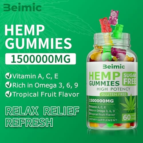 Beimic Hemp Gummies 1500000mg with vitamins and tropical fruit flavor.