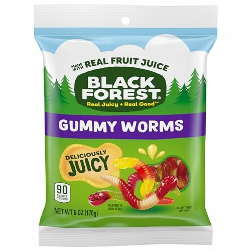 Black Forest Gummy Worms packaging with fruit juice label.