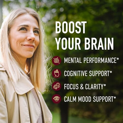 Woman outdoors with text highlighting mental performance and cognitive support benefits.