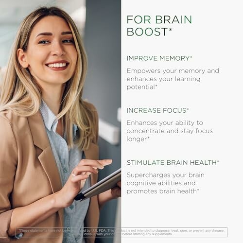 Woman smiling with tablet, brain boost benefits listed.