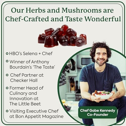 Chef with herbs and mushrooms; accolades listed