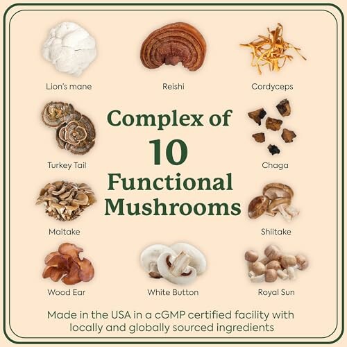 Image showing ten types of functional mushrooms, including Lion's mane, Reishi, Cordyceps, Turkey Tail, Chaga, Maitake, Shiitake, Wood Ear, White Button, and Royal Sun.