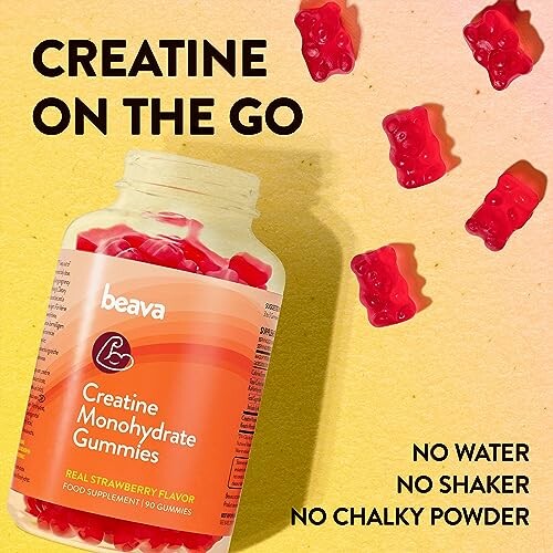 Creatine monohydrate gummies in a jar with gummy bears scattered.