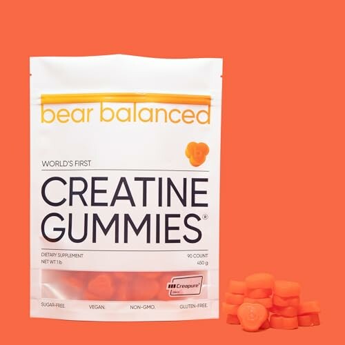 Bear Balanced Creatine Gummies packaging with gummies beside the bag.