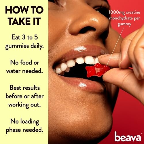 Person holding a gummy near mouth with creatine dosage instructions.