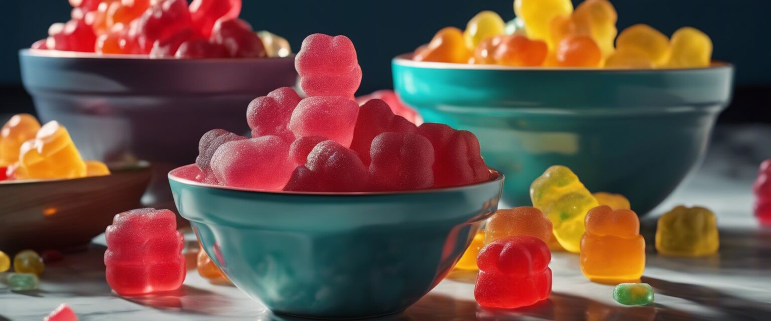 Assorted flavors of delta gummies in bowls.