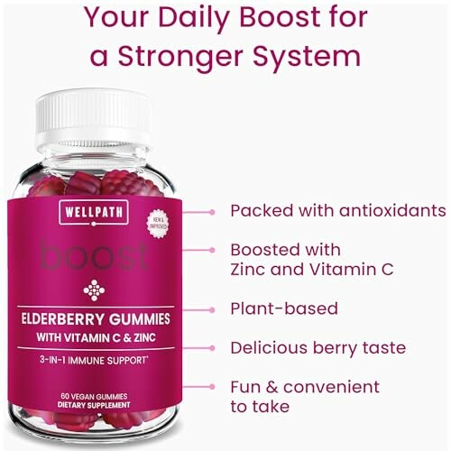 Elderberry gummies dietary supplement bottle with benefits listed.