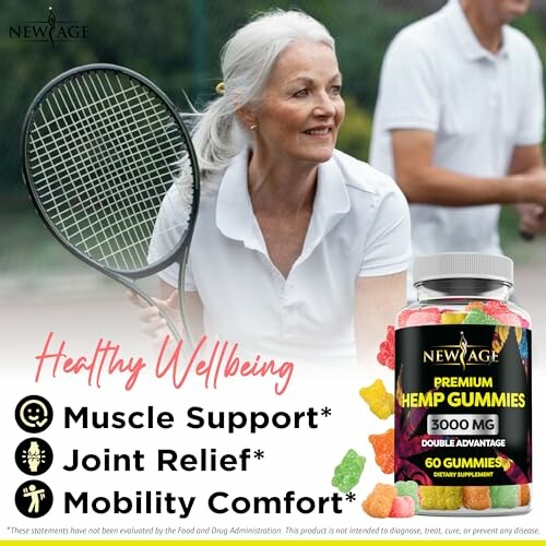 Elderly woman playing tennis with hemp gummies for well-being.