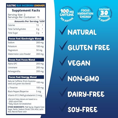 Supplement facts for Electric Blue Razzberry Lemonade with natural, gluten-free, vegan, non-GMO, dairy-free, and soy-free labels.