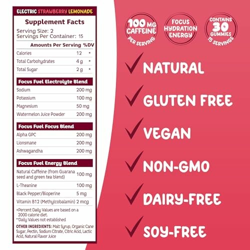 Supplement facts and features of Electric Strawberry Lemonade gummies highlighting caffeine content, natural ingredients, and dietary benefits.