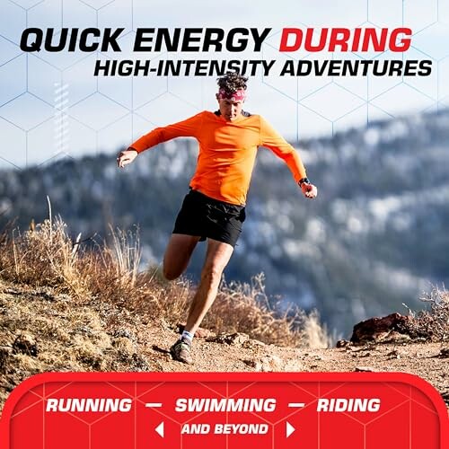 Person running on a trail with text about quick energy for high-intensity activities.