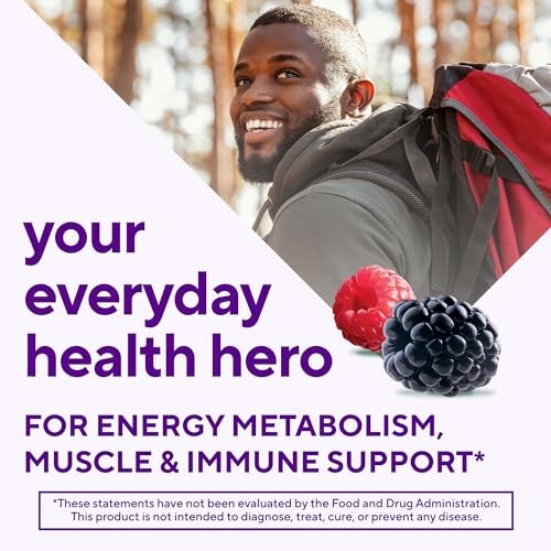 Man smiling with backpack, promoting energy, muscle, and immune support.