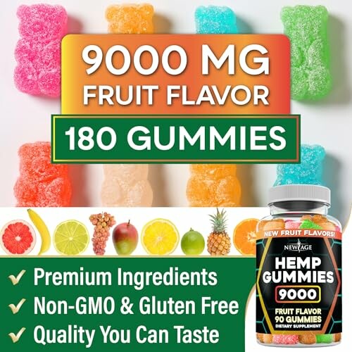 Hemp gummies with 9000 mg fruit flavor, 180 gummies, premium ingredients, non-GMO, gluten free.