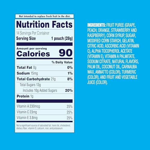 Nutrition facts and ingredients for fruit snacks.