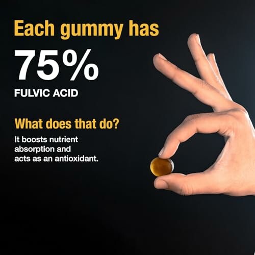 Hand holding a gummy with text about 75% fulvic acid benefits.