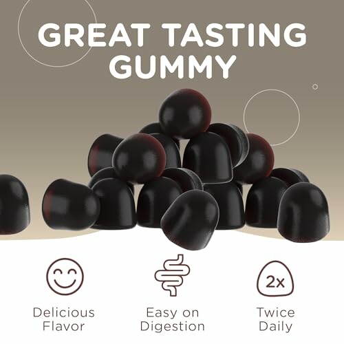 Pile of dark gummies with text highlighting delicious flavor, easy digestion, and twice daily use.