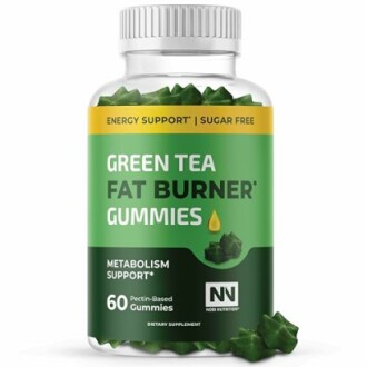 Bottle of green tea fat burner gummies for metabolism support.