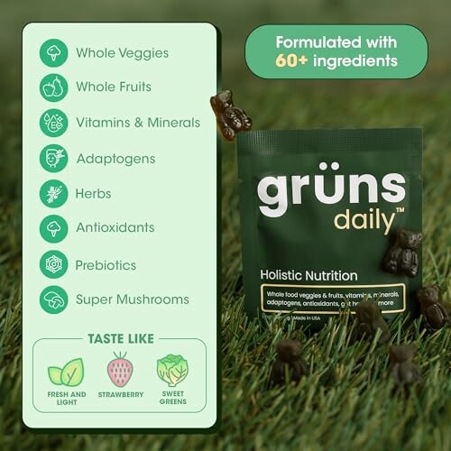 Grüns daily holistic nutrition with ingredients and taste options.