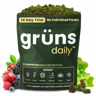 Gruns Daily nutrition supplement packaging with berries and greens.