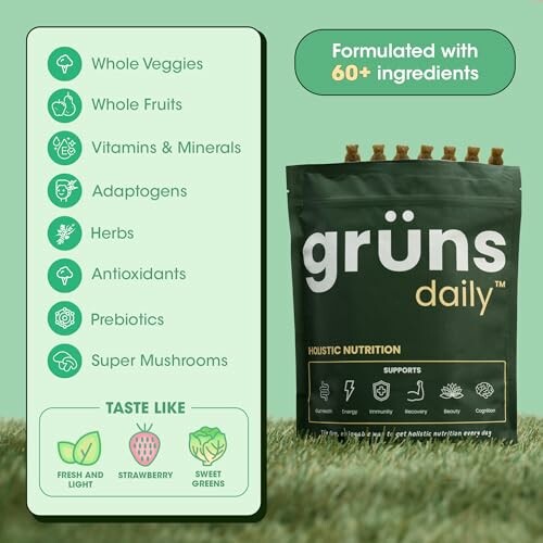 Grüns daily nutrition supplement bag with ingredient highlights and flavor options.