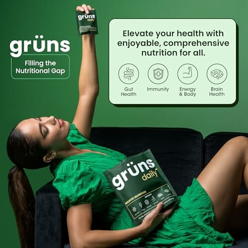 Woman holding Grün's nutritional supplement with health benefits highlighted.