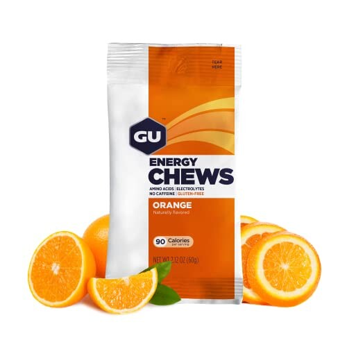 GU Energy Chews orange flavor with sliced oranges.