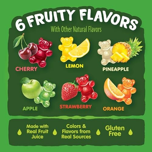 Gummy bears in six fruity flavors: cherry, lemon, pineapple, apple, strawberry, orange.