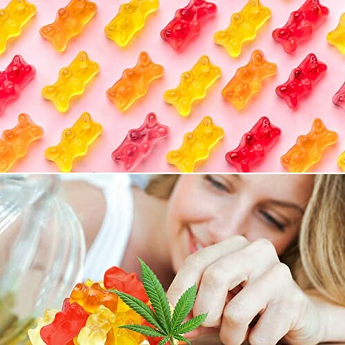 Colorful gummy bears with a smiling person and cannabis leaf.