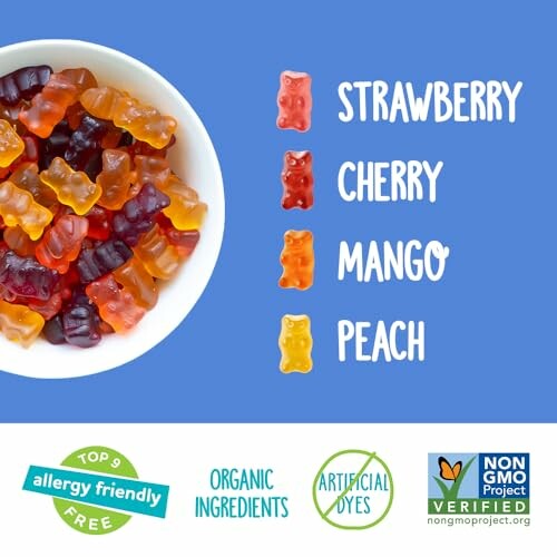 Bowl of gummy bears with flavor guide and certification labels