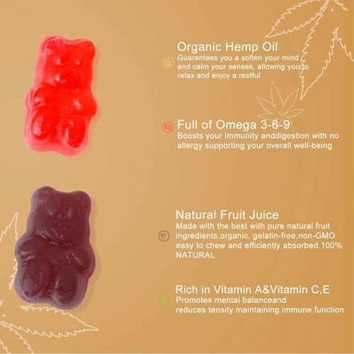 Two gummy bears with health benefits text about hemp oil, omega, fruit juice, and vitamins.