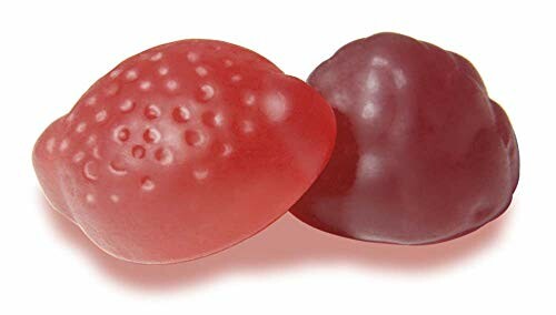 Two gummy candies, one red and one purple, on a white background.