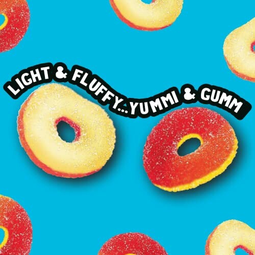 Colorful gummy candy rings on a blue background with text 'Light & Fluffy...Yummi & Gumm'.