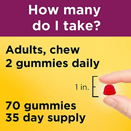 Dosage guide for gummy vitamins: Adults chew 2 gummies daily, 70 gummies total, 35-day supply.