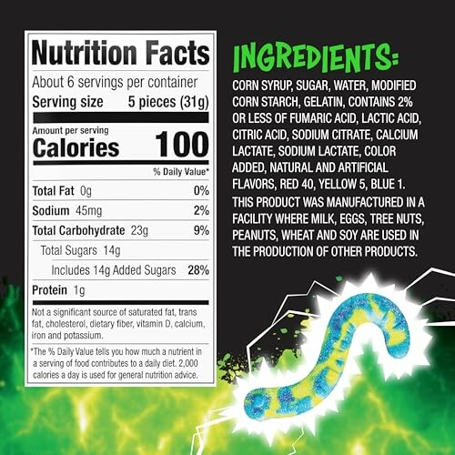 Gummy worm packaging with nutrition facts and ingredients.