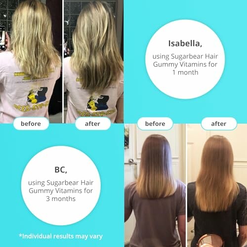 Before and after hair growth results using Sugarbear Hair Gummy Vitamins.