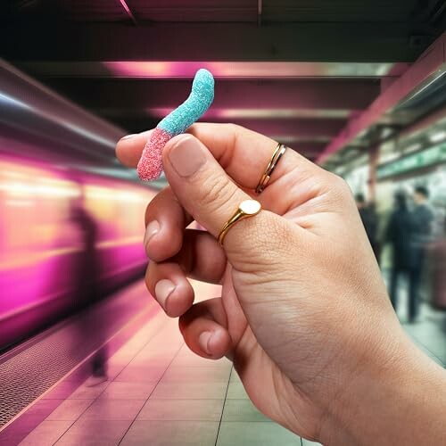 A hand holding a colorful candy worm in a subway station.