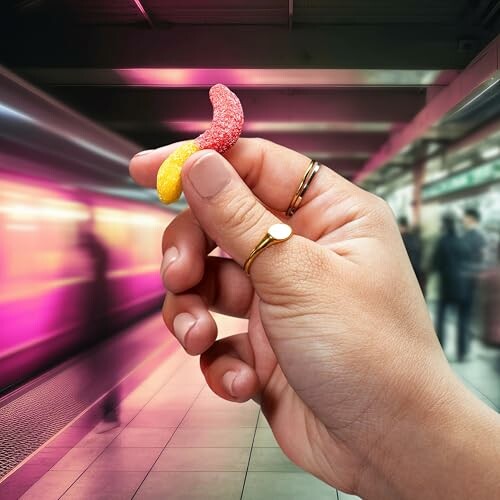 Hand holding a gummy worm in a subway station.