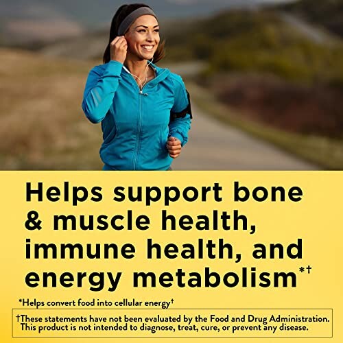 Woman running with text highlighting health support benefits for bone, muscle, immune health, and energy metabolism.