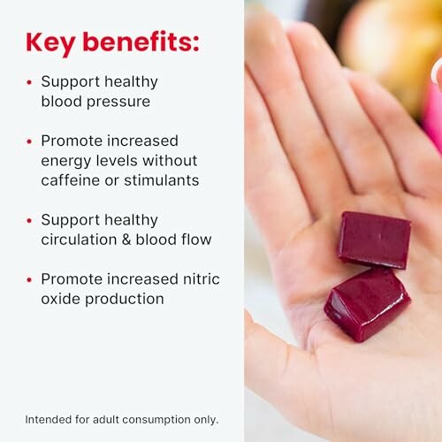 Hand holding supplements with key benefits listed.