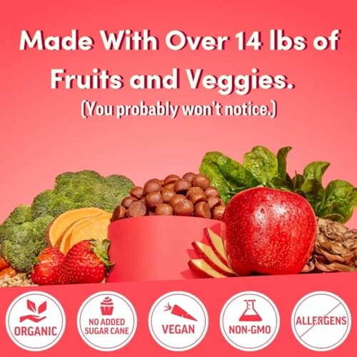 Healthy snack with over 14 lbs of fruits and veggies, organic, vegan, non-GMO.