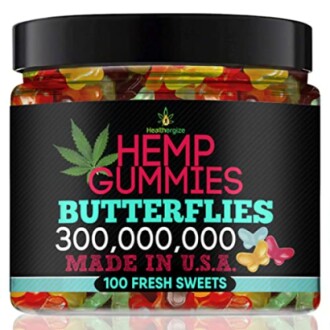 Jar of hemp gummies labeled 'Butterflies, Made in USA, 100 Fresh Sweets'